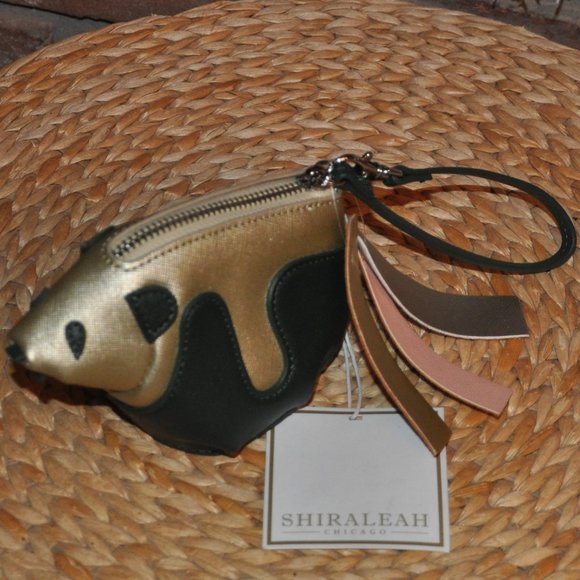 New Shiraleah Panda Coin Purse, Structured, Wrist Strap, Gold & Green, XS - Picture 1 of 4